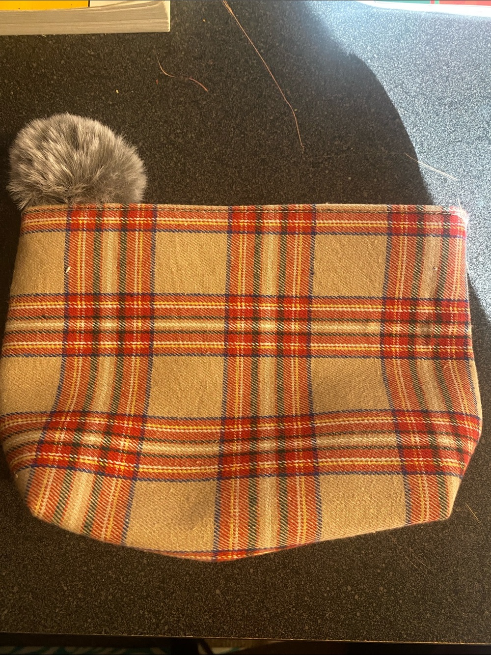 Plaid Pom-Pom Cosmetic Pouch - Beige, Red, Blue